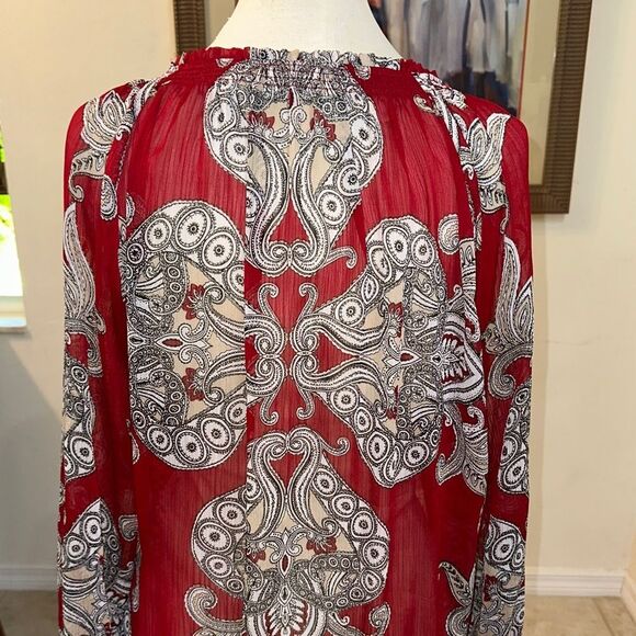 Chico’s Sheer Burgundy Paisley Ruffle Sleeve Tie Front Tunic Size 3 (XL) - Picture 9 of 11